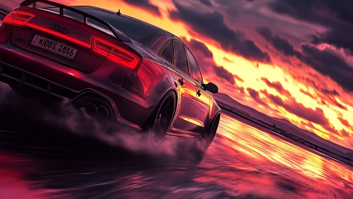 Sport sedan drifts on wet coastal road at neon sunset.