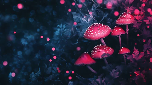 Neon forest mushrooms glow amid dreamy bokeh haze.