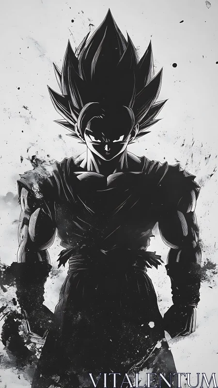 Silhouetted muscular anime fighter in monochrome ink style.