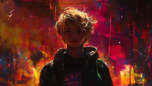 Luminous city lights frame a thoughtful youth in bold color