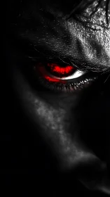 Close-up of human eye with red iris in dark shadowed light.