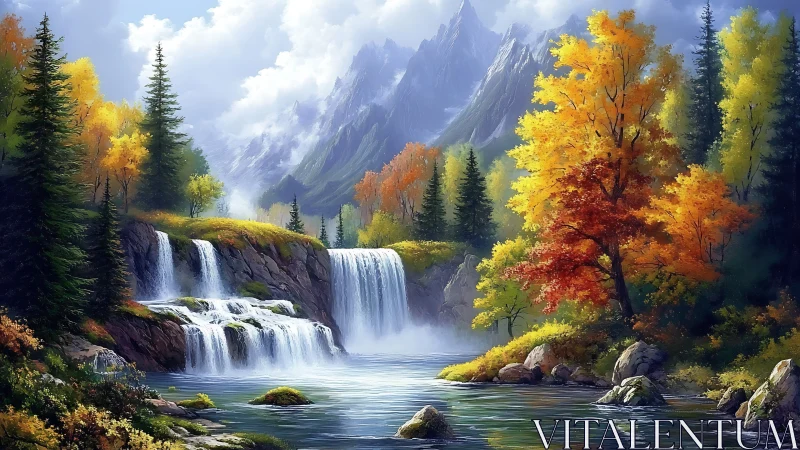 Sunlit mountain waterfall cascades through bright autumn forest