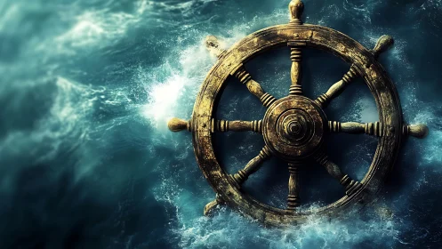 Weathered ship’s wheel turns amid storm-tossed waves.