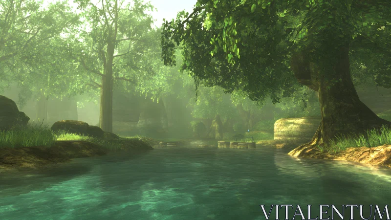 Serene forest river with lush trees in dreamy digital art style.