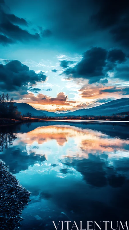 Sunset clouds blaze above mirrored mountain lake horizon.