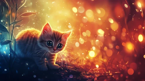 Luminous Kitten Amid Golden Bokeh Light.
