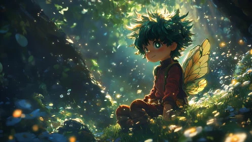 Forest fairy child resting in glowing meadow light.