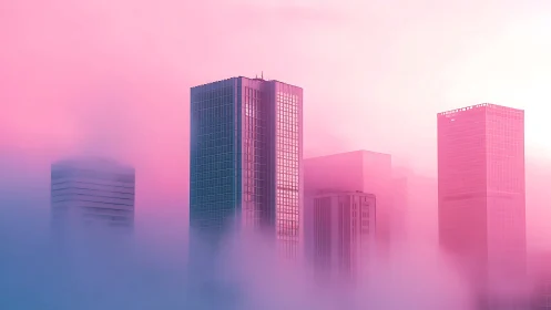 Minimalist city towers rise through pink atmospheric fog