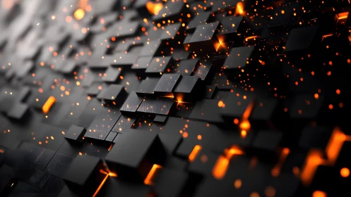 Futuristic black 3D cubes with glowing orange lights and sparks.