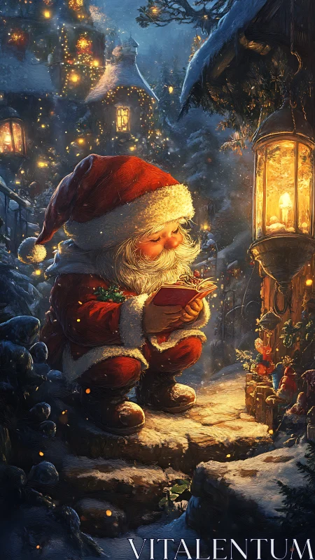 Cozy Santa reads by lantern in snowy Christmas village