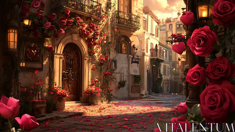 Rose-covered European alley with ornate wooden doorway scene.