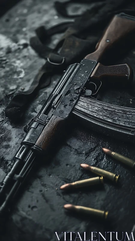 Weathered rifle lounges in moody steel and timber light