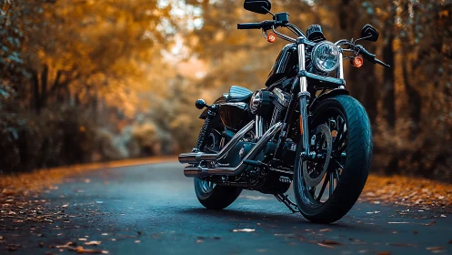 Low-slung cruiser motorcycle on cinematic autumn road.