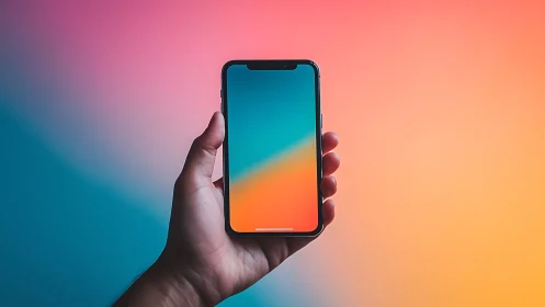 Hand Holding Smartphone Against Vibrant Gradient Background