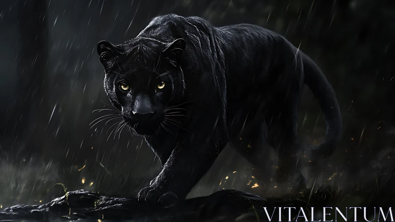 Black Panther in Rain with Glowing Eyes and Firelight