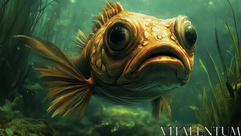 Big-eyed orange fish swims close in green underwater scene