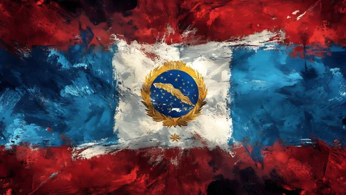 Brushstroke flag with soaring eagle and celestial emblem.