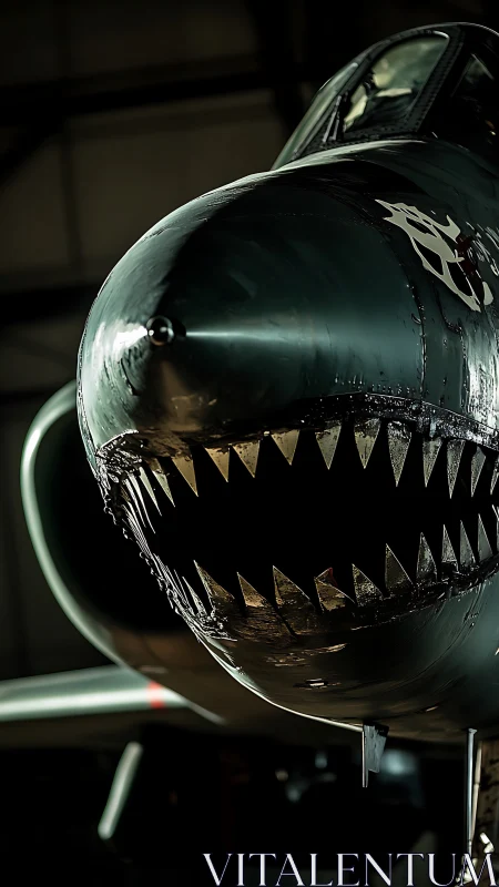 Close-up analysis of sharkmouth nose art on tactical jet fuselage.
