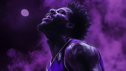 Purple-lit basketball roar in a cloud of rising energy.