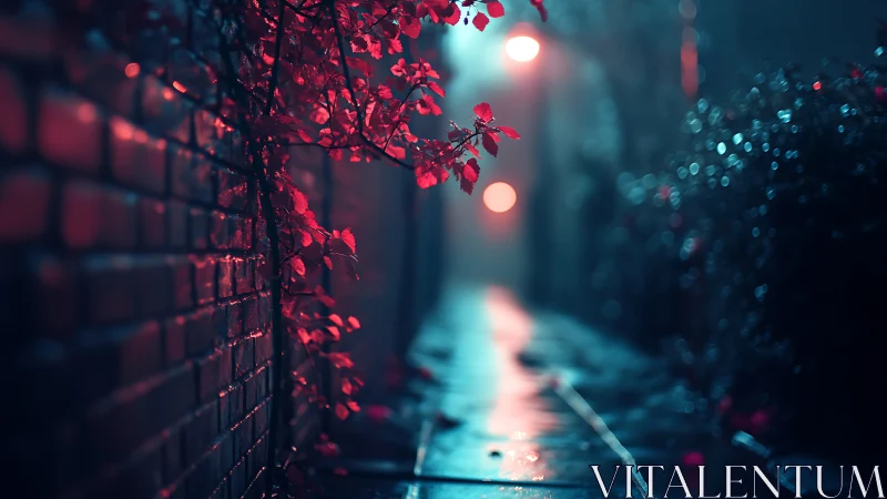 Moody wet alleyway with red leaves and blurred streetlights.