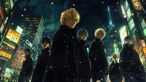 Urban anime gang under neon city night sky.