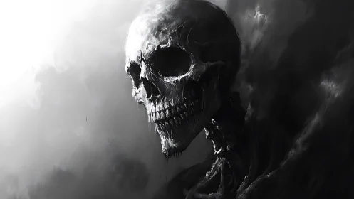 Haunting skeletal figure emerges gently from swirling shadow mist