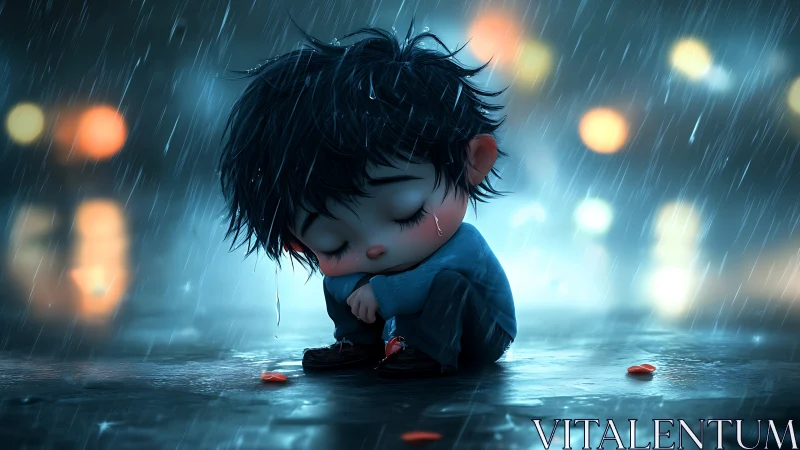 Teardrop lullaby of a tiny dreamer in neon rainstorm.