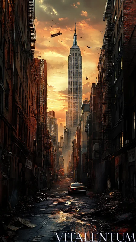 Storm-touched city street frames a glowing distant tower calmly