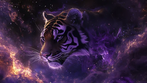 Tiger head rendered in luminous violet and orange nebular field