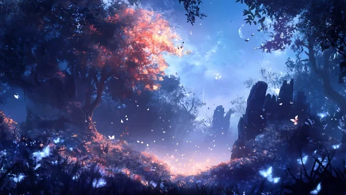 Bioluminescent forest clearing with atmospheric depth and glowing fauna