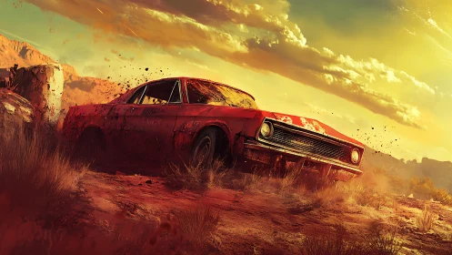 Red muscle car skids through arid desert terrain at sunset