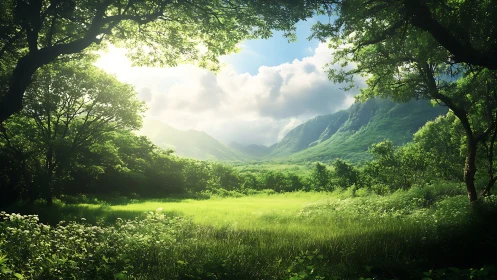 Verdant Valley Sanctuary Bathed in Mountain Sunlight.