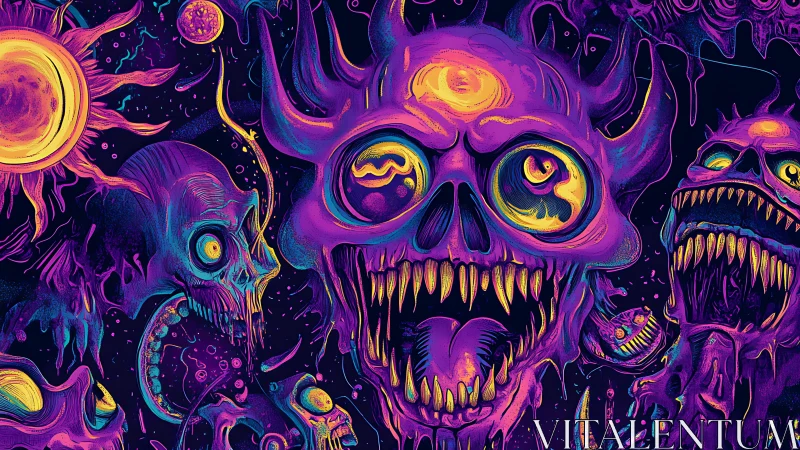 Neon horned skull creature amid cosmic grotesque forms.