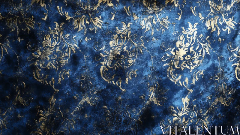 Baroque gold damask pattern over distressed indigo ground