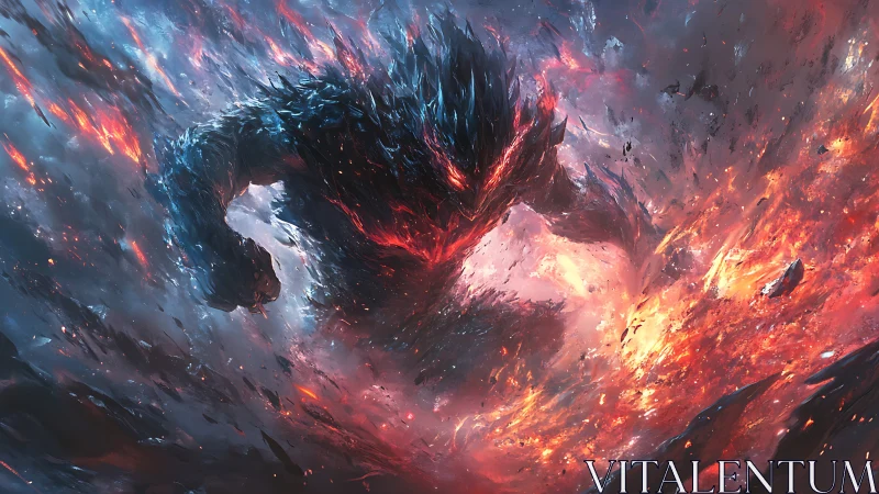 Fiery humanoid monster charges through erupting molten field