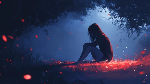 Solitary figure in blue forest with glowing red embers.
