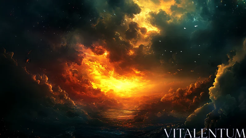 Celestial firestorm over turbulent oceanic horizon at dusk.