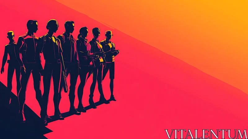Silhouetted group of figures on vibrant gradient background.
