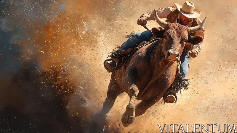 Dust explodes as a fearless bull rider charges through chaos
