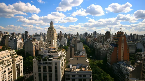 High-rise skyline over sunlit avenue in dense metropolis.