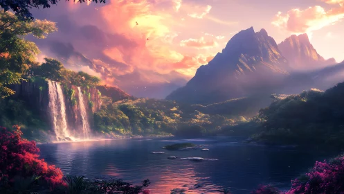 Luminous mountain valley with waterfalls at cinematic sunset.