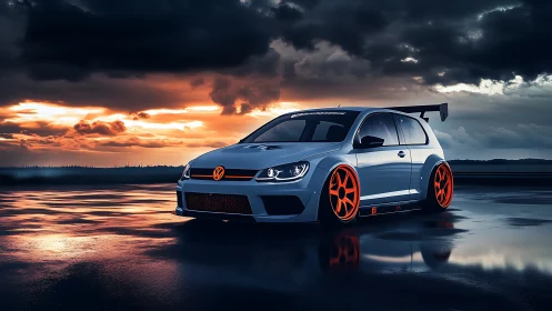 Stormlit hatchback prowls wet tarmac in neon-tinted twilight