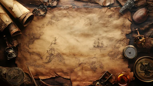 Aged nautical treasure map with maritime instruments arranged