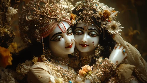 Ornate divine couple portrait with jeweled floral regalia.
