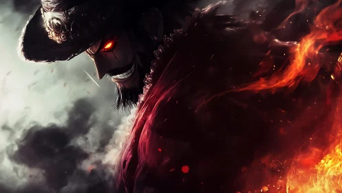 Menacing pirate with glowing red eyes in swirling firestorm.