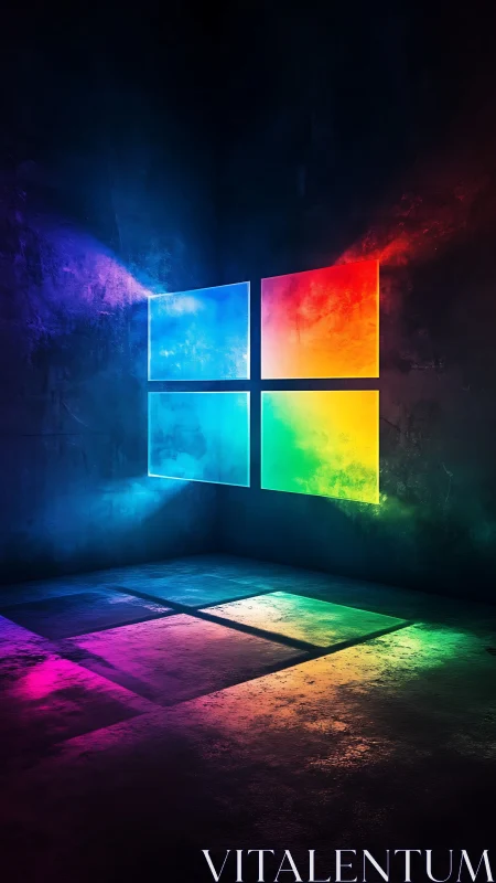 Glowing rainbow window lights up a moody dark corner wall.