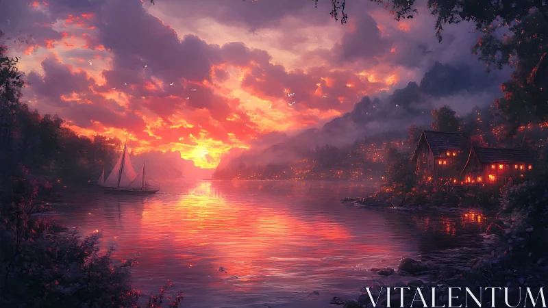 Glowing lakeside sunset welcomes quiet boats and warm cabins