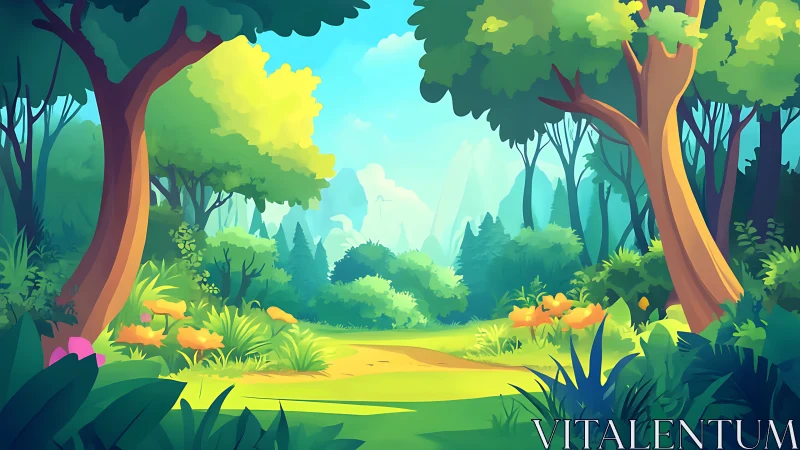 Forest clearing with towering trees and filtered sunlight.