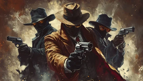 Trio of masked gunslingers advancing through swirling firestorm.