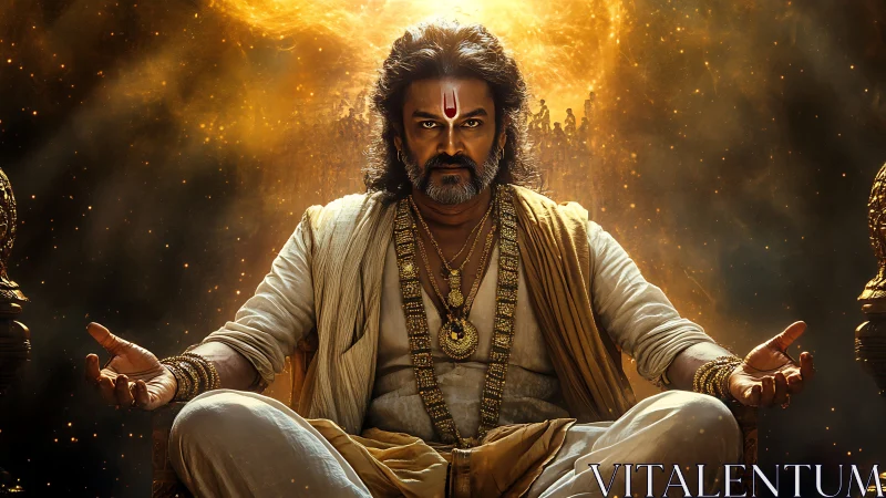 Mythic warrior on golden throne under radiant celestial vortex.